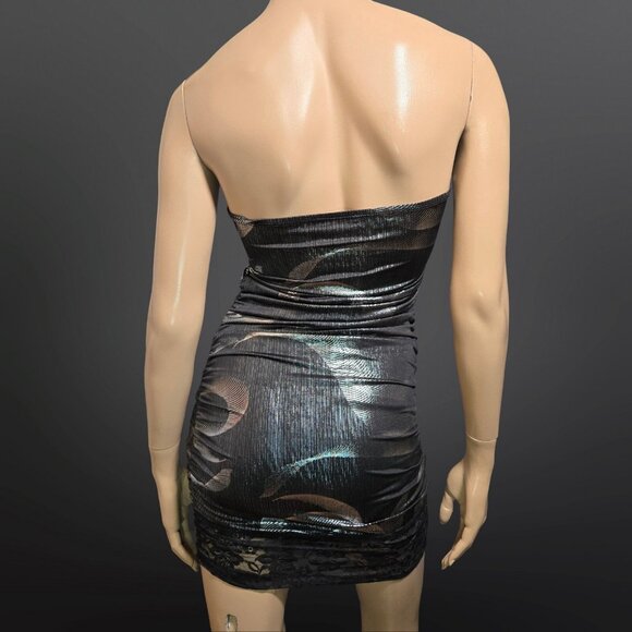 Y2K Trashy Mcbling Mini Dress Size M Silver Black metallic Rhinestone Lace Trim - Picture 8 of 10